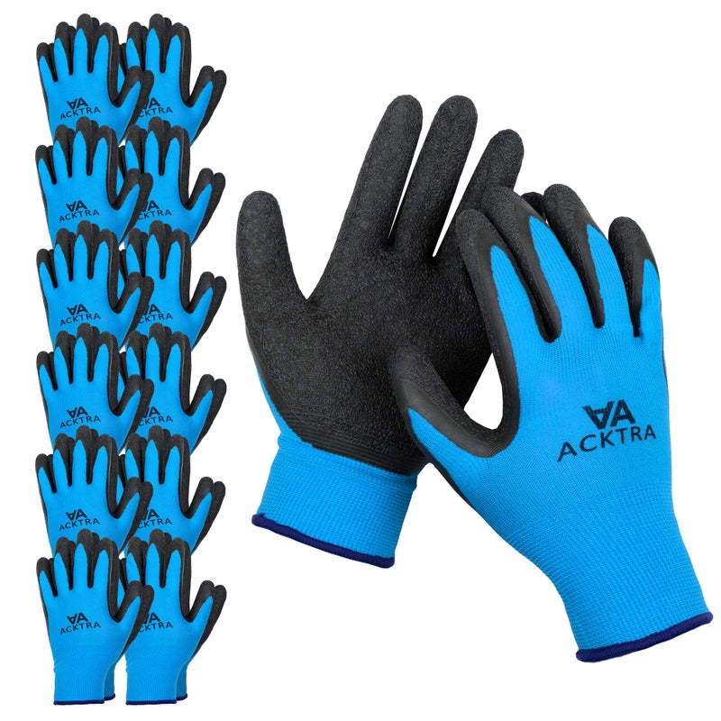 ACKTRA Coated Nylon Safety WORK GLOVES 12 Pairs, Knit Wrist Cuff, Multipurpose, for Men & Women, WG008 Blue Polyester, Black Latex, X-Large - Image 1